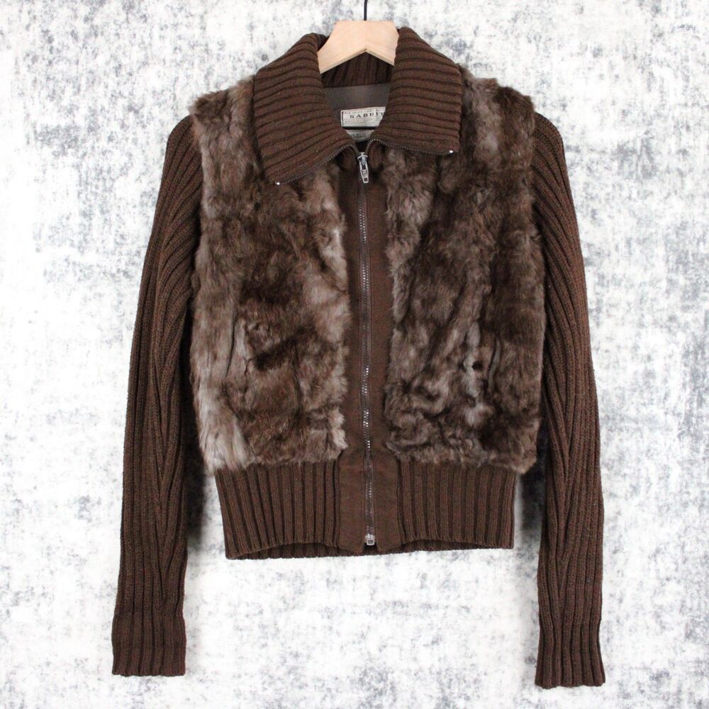 Vintage Crown Colony Rabbit Fur Jacket Womens Size S Brown Full Zip Y2K 90's